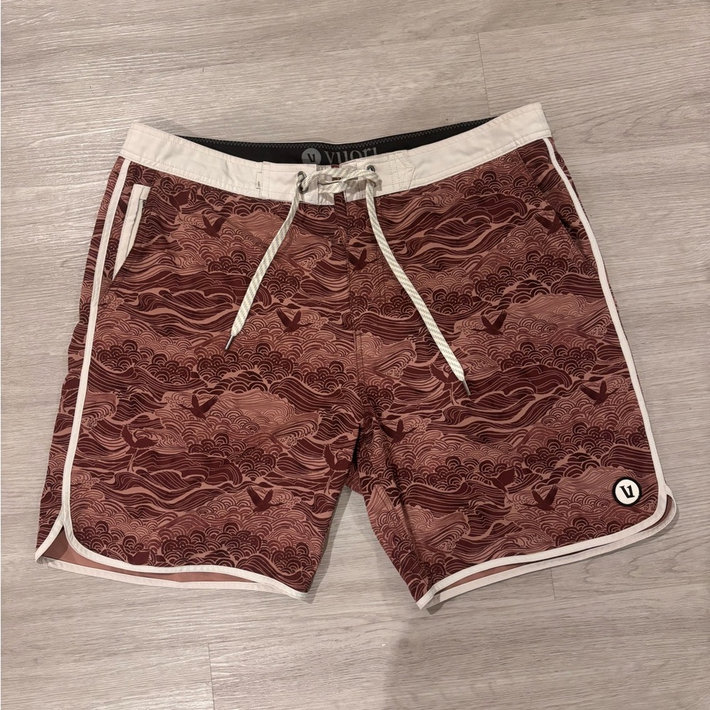 Vuori Maroon Patterned Swim Board Shorts